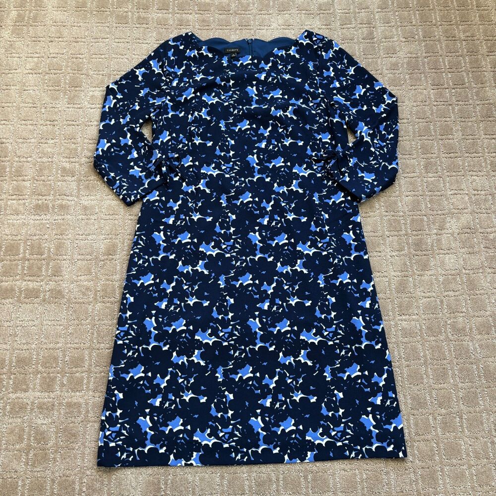 Talbots Floral Shift Dress Women's 10 Navy Blue Scalp Neckline 3/4 Sleeve Crepe